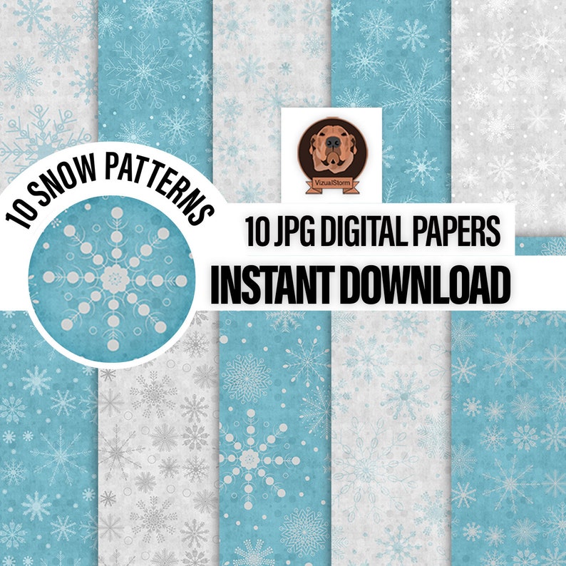 Snowflake Digital Paper Winter Backgrounds for Holiday Scrapbooking and Card Making, Snowing Pattern Paper, Printable Christmas Patterns image 1