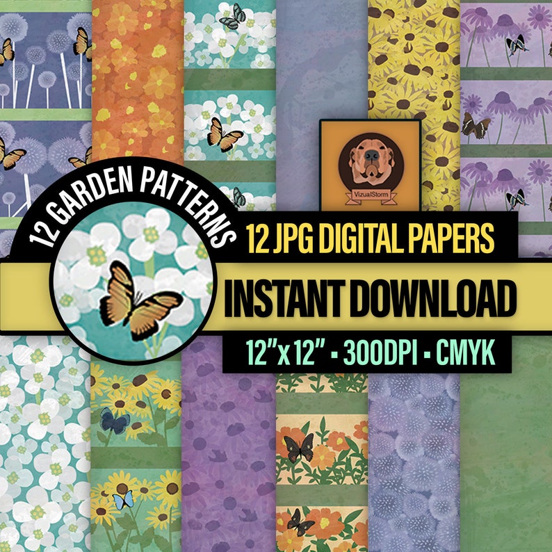 K&ouml;nnte beinhalten: Zw&ouml;lf digitale Papiermuster mit verschiedenen Gartenthemen, darunter Schmetterlinge, Blumen und L&ouml;wenzahn. Die Papiere sind 30,48 cm x 30,48 cm gro&szlig; und haben eine Aufl&ouml;sung von 300 DPI. Der Text "12 Garden Patterns", "12 JPG Digital Papers", "Instant Download", und "12"x12" - 300DPI - CMYK" ist im Bild enthalten.
