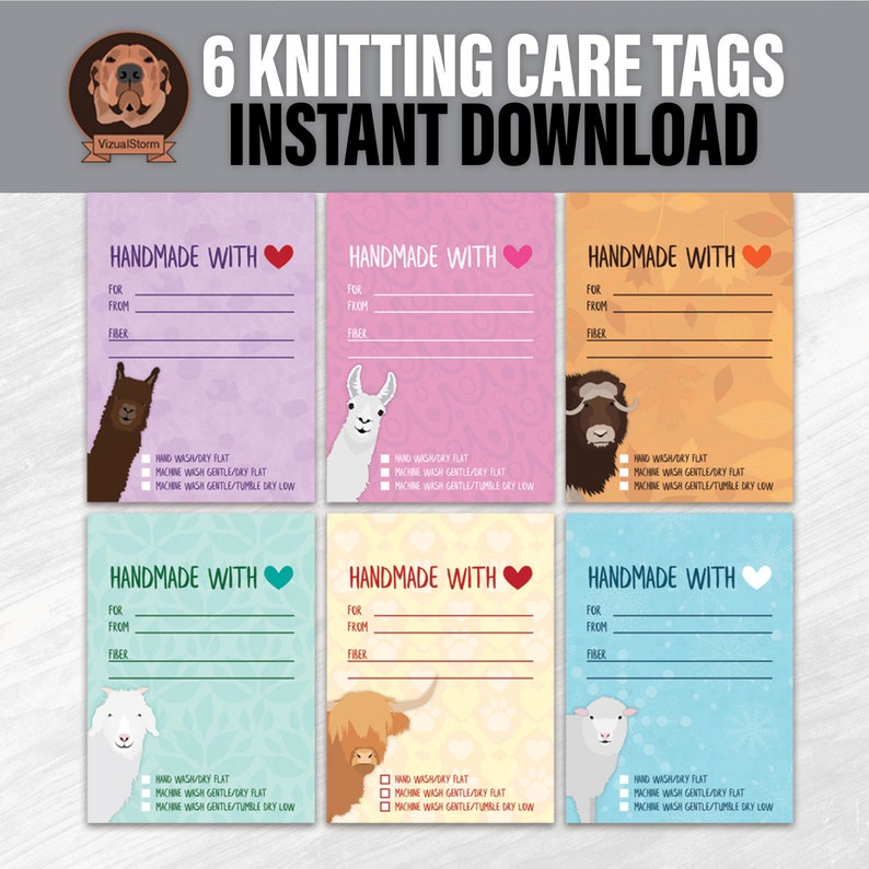 Printable animal knitting care tags