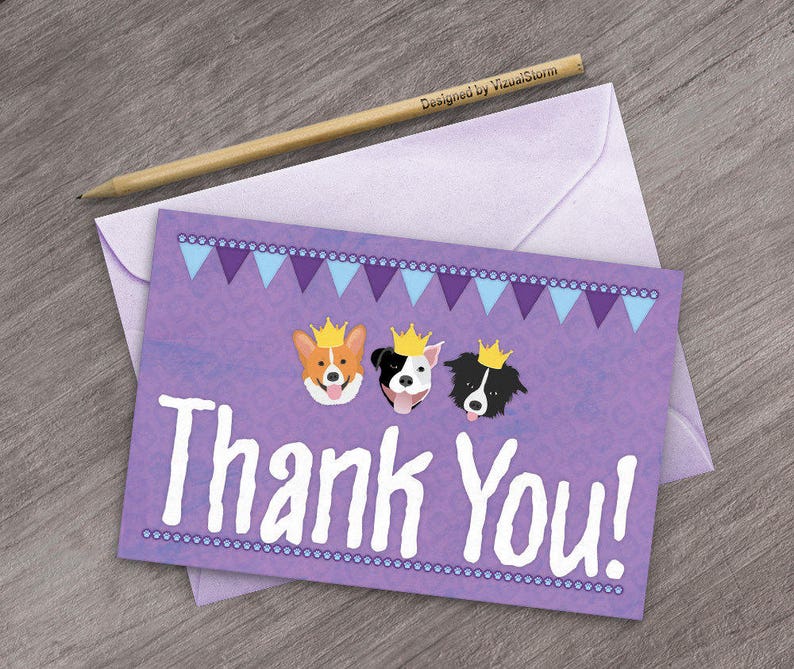 Watercolor Retriver Puppy Thank You Card Printable Puppy Birthday Party Thank You Note Puppy Wearing Party Hat and Hearts INSTANT DOWNLOAD