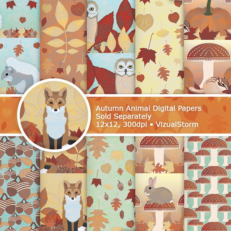 Woodland Animal Digital Paper 10 Printable Forest Patterns for Nature Scrapbooking and Crafts with Bear, Deer, Bunny, Moose, Owl and Trees image 6