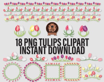 Clipart de bordas e molduras de tulipas em PNG - Enfeites florais para scrapbook, artesanato de Páscoa, clipart de guirlanda floral para casamento, buquê para o Dia das Mães