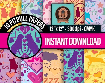 May include: Ten digital papers featuring a variety of colorful patterns with silhouettes of pitbull dogs. The patterns include hearts, stars, paw prints, and text such as "Good Boy", "Sit", "Roll Over", "I Love My Pitbull", and "Sun Bathing Kissed By Sun".