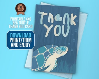 Printable DIY Sea Turtle Thank You Card - Digital 4x6 Marine Animal Stationery, Under The Sea Thank You Note - Stylized Ocean Animal Design