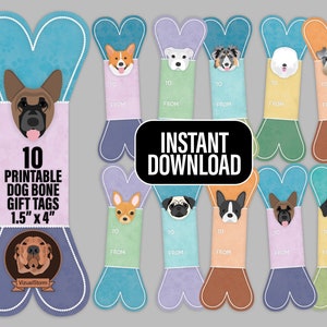 DIY Digital Dog Bone Gift Tags - 10 Printable Pet Treat Labels with To/From, Popular Pet Breed Faces, Christmas or Birthday Gift Wrapping