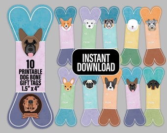 DIY Digital Dog Bone Gift Tags - 10 Printable Pet Treat Labels with To/From, Popular Pet Breed Faces, Christmas or Birthday Gift Wrapping