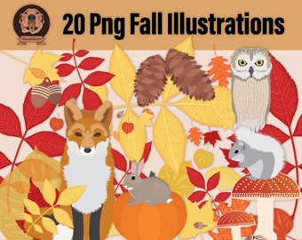 Png Fall Woodland Clipart Bundle - Autumn Forest Illustrations with Leaves, Acorns, Pumpkin, Mushrooms, Fox, Rabbit, Squirrel, Owl, Chipmunk