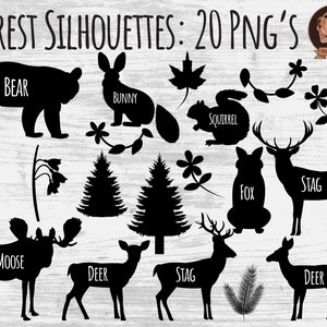 Png Forest Silhouettes Clipart Woodland Clip Art, Plants and Animals, Bear, Moose, Deer, Fox, Stag, Nature Silhouettes, Digital Scrapbook image 1