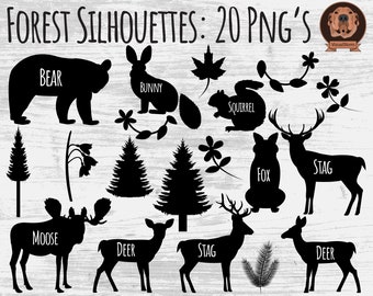 Png Forest Silhouettes Clipart - Woodland Clip Art, Plants and Animals, Bear, Moose, Deer, Fox, Stag, Nature Silhouettes, Digital Scrapbook