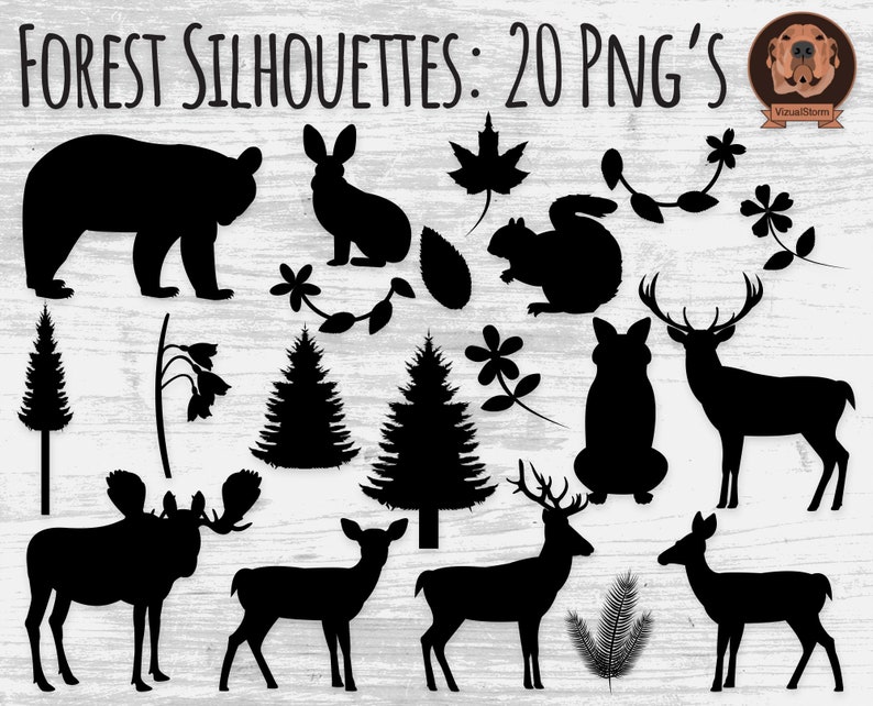 Png Forest Silhouettes Clipart Woodland Clip Art, Plants and Animals, Bear, Moose, Deer, Fox, Stag, Nature Silhouettes, Digital Scrapbook image 2