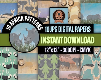 African Safari Digital Craft Paper Pack - Serengeti Wildlife Bundle, Africa Animal Patterns, Lion, Rhinoceros, Ostrich, Jackal and Elephant