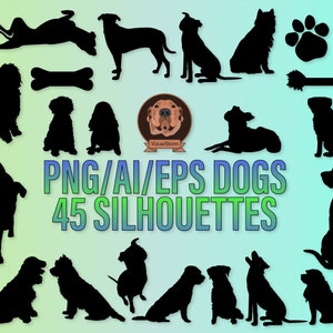 Conjunto de silhuetas de raças de cães vetoriais - AI/Eps/Png, diversas raças e poses, clipart digital de animais de estimação para artesanato, scrapbooking, projetos de design