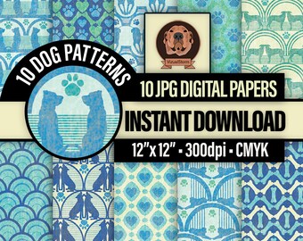 Printable Dog Digital Patterned Paper - Whimsical Pet Motifs with Paw Prints, Silhouettes, Hearts and Bones, Fur Baby Craft Papers