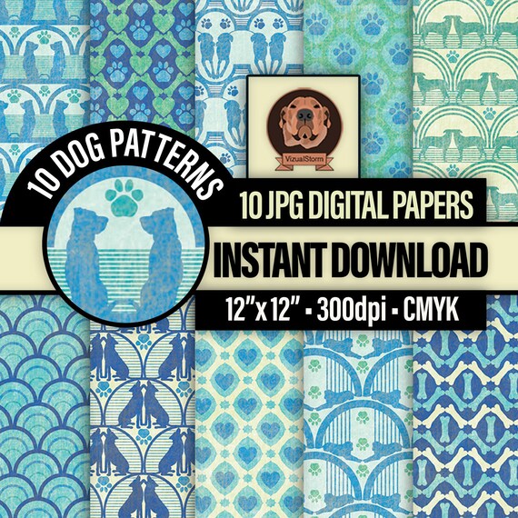 Printable Dog Digital Patterned Paper - Whimsical Pet Motifs with Paw Prints, Silhouettes, Hearts and Bones, Fur Baby Craft Papers