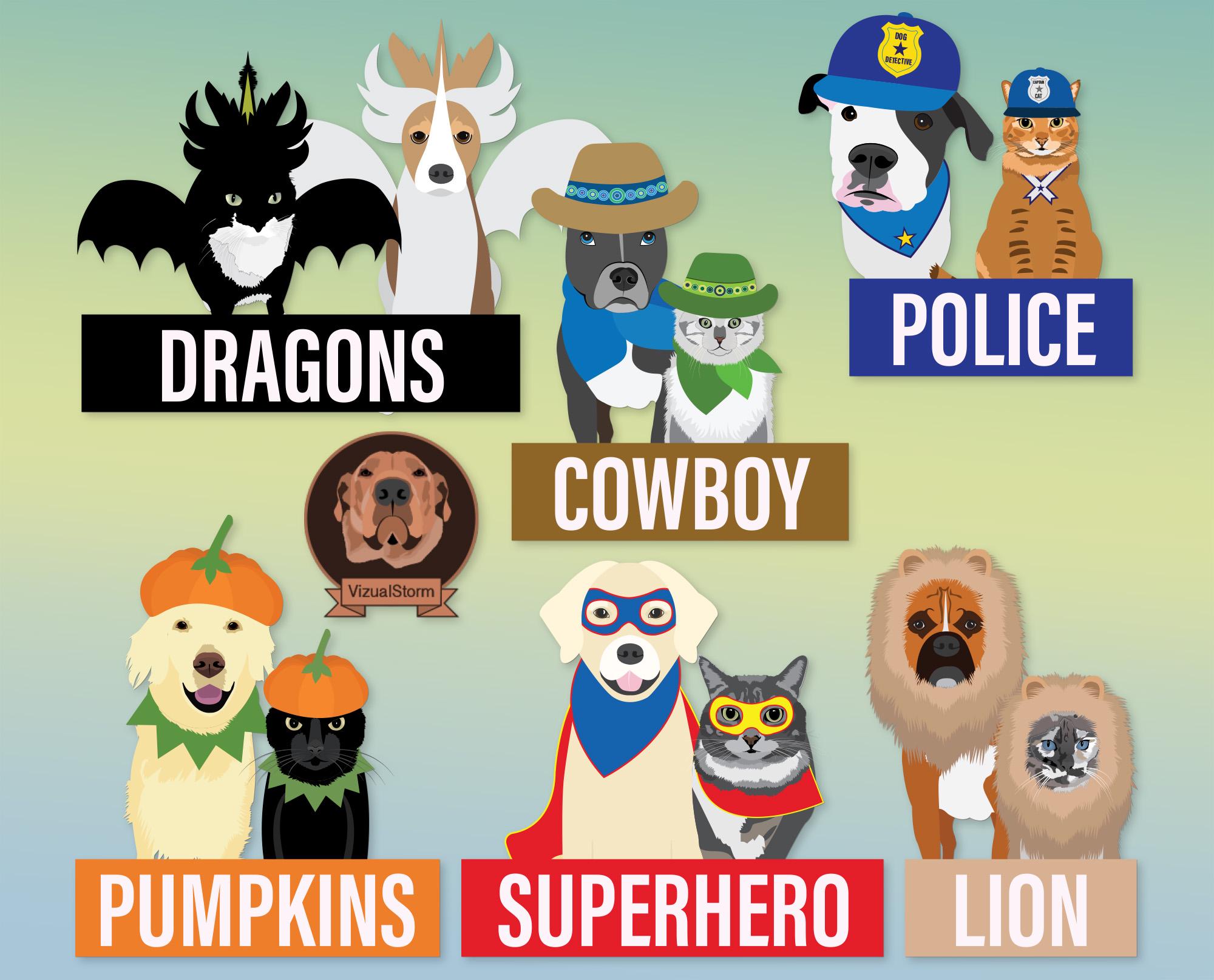 Playful Pets in Costumes Clipart - PNG Illustrations of Cats and Dogs ...