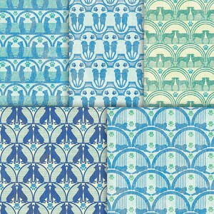 May include: A digital paper pack with six different patterns featuring blue and green silhouettes of dogs in a repeating pattern. The patterns are on a light blue background with white accents.