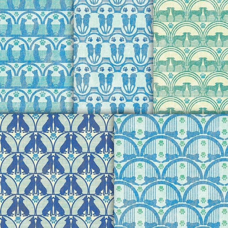 May include: A digital paper pack with six different patterns featuring blue and green silhouettes of dogs in a repeating pattern. The patterns are on a light blue background with white accents.
