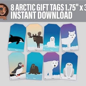 Diy Printable Arctic Animals Gift Tags To/From Christmas Wildlife Hanging Tag Designs with Glaciers, Digital Jpg Collage Sheet, 1.75 x 3 image 1