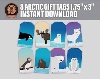 Diy Printable Arctic Animals Gift Tags - To/From Christmas Wildlife Hanging Tag Designs with Glaciers, Digital Jpg Collage Sheet, 1.75" x 3"