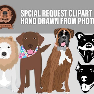 Custom dog illustrations. Pitbull wearing a Lion costume, Labrador wearing a handmade scarf, Brindle Boxer wearing a bow tie and two black and white Pitbull faces for a decal design.