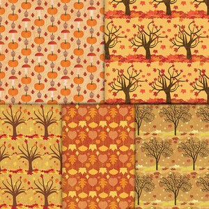 Printable Fall Foliage Patterned Paper Tree and Leaf Digital Papers with Falling Leaves, Acorns and Pinecones, Autumn Wooded Scrapbooking image 3