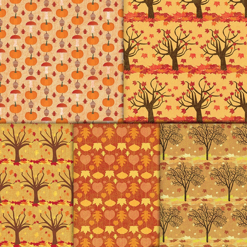 Printable Fall Foliage Patterned Paper Tree and Leaf Digital Papers with Falling Leaves, Acorns and Pinecones, Autumn Wooded Scrapbooking image 3
