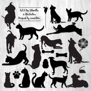 May include: A set of 18 black and white silhouette illustrations of cats and dogs in various poses. The illustrations are designed by visualstorm.