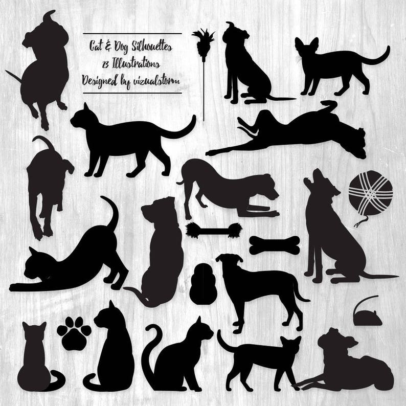 May include: A set of 18 black and white silhouette illustrations of cats and dogs in various poses. The illustrations are designed by visualstorm.