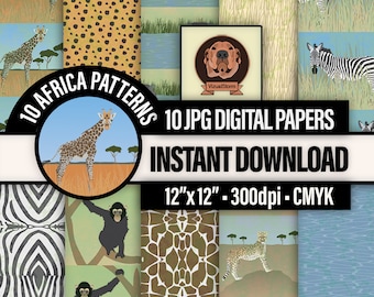 African Animal Print Digital Papers - Safari Wildlife Scrapbook Patterns, Jungle Designs of Chimpanzee, Hippopotamus, Cheetah and Giraffe