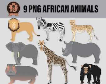 Wild Animals of Africa Clipart - Digital Png Illustrations - Elephant, Giraffe, Chimpanzee, Zebra, Hippopotamus, Rhinoceros, Lion, Cheetah