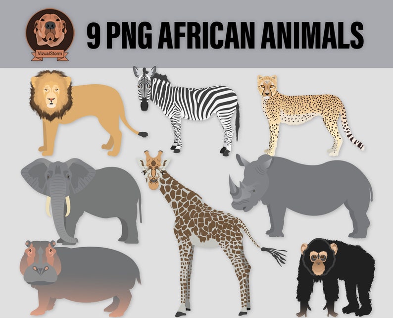 Wild Animals of Africa Clipart Digital Png Illustrations Elephant, Giraffe, Chimpanzee, Zebra, Hippopotamus, Rhinoceros, Lion, Cheetah image 1