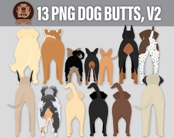 Ensemble de 2 cliparts png de mégots de chien - poses numériques de chiens de dos, mignons et drôles de grandes, moyennes et petites races d'animaux de compagnie montrant leur derrière