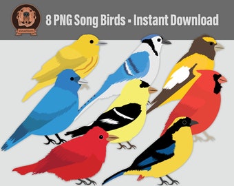 Colorful Songbirds Clipart - Yellow Warbler, Red Cardinal, Indigo Bunting, Blue Jay, American Goldfinch, Grosbeak and Tanagers, PNG Wildlife