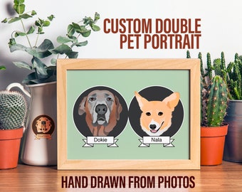 May include: A custom double pet portrait illustration of two dogs, a grey and brown dog named "Dokie" and a brown and white dog named "Nala", in a wooden frame. The illustration is hand drawn from photos.