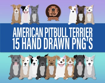 American Pitbull Clipart Bundle - Hand Drawn Png Dog Breeds in Sitting Pose, Smiling Staffordshire Terrier with Varied Colors and Ear Styles