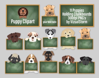 Png Puppies Holding Chalkboards - Teaching or Dog Training Clipart for Classrooms, Scrapbooking or Puppy Designs - Hand Drawn Illustrations