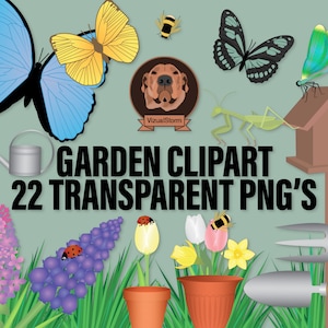 Butterfly Garden Png Clipart with flowers, insects, bird house, watering can and gardening tools