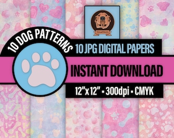 Papiers numériques de chien aquarelle rose et bleu, texture de papier ciré de superposition personnalisée, modèles d’impression de patte imprimables, conceptions artisanales de scrapbooking pour animaux de compagnie