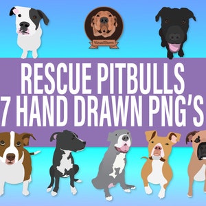 Puede incluir: Siete ilustraciones dibujadas a mano de pit bull terrier en varias poses. Los perros son de diferentes colores y tienen diferentes expresiones. Las ilustraciones están en un estilo de dibujos animados y se colocan sobre un fondo azul y morado. El texto "RESCUE PITBULLS 7 HAND DRAWN PNG'S" está en la parte superior de la imagen.