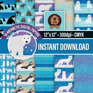 May include: A set of 10 digital papers featuring various arctic animals, including polar bears, penguins, seals, and foxes. The papers are 12 inches by 12 inches and are 300 dpi. They are in CMYK color mode. The papers are perfect for scrapbooking, card making, and other craft projects.