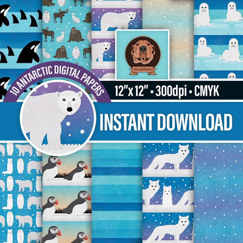 May include: A set of 10 digital papers featuring various arctic animals, including polar bears, penguins, seals, and foxes. The papers are 12 inches by 12 inches and are 300 dpi. They are in CMYK color mode. The papers are perfect for scrapbooking, card making, and other craft projects.