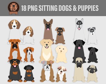 Puppies and Dogs Sitting Digital Illustrations - Front View of Momma and Puppy Breeds, Hand Drawn Digital Png Pet Clip Art, Instant Download