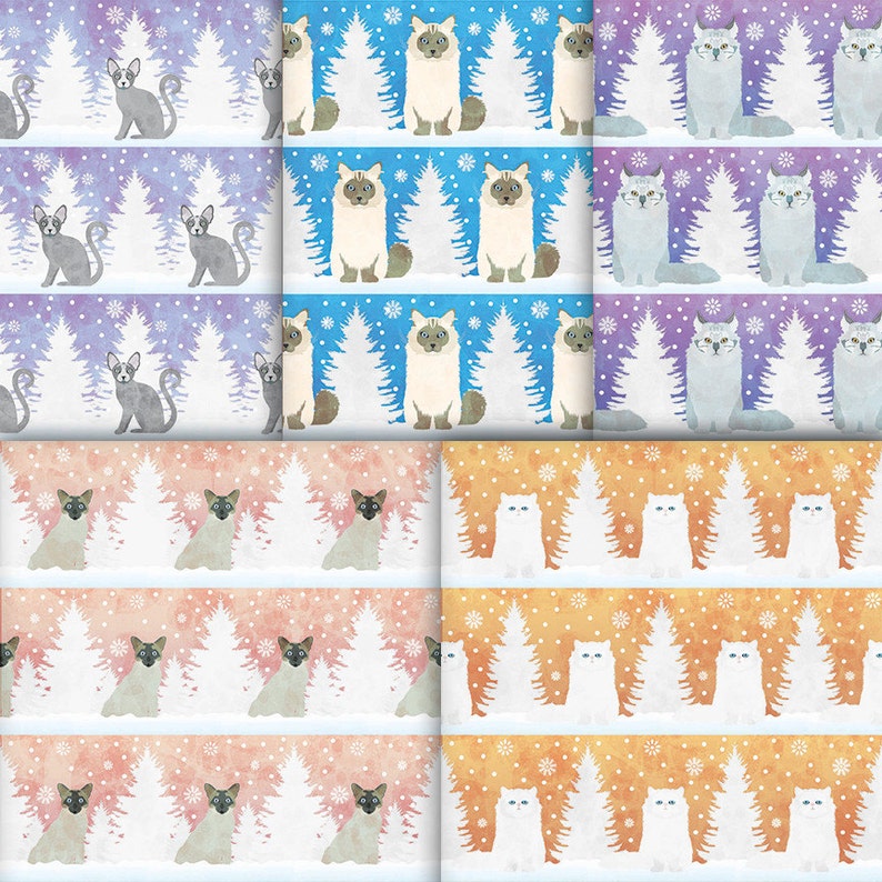 May include: A digital paper pack with six different seamless patterns featuring cats in winter scenes. The patterns include a variety of cat breeds, including Siamese, Ragdoll, and Russian Blue. The patterns are perfect for creating cards, scrapbook pages, and other craft projects.