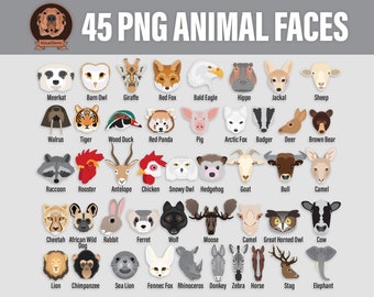 Animal Face Clipart Bundle - Png Wildlife Heads, Farm Clip Art, Big Cats, Woodland Creatures, Sea Life, Endangered Species, Digital Critters