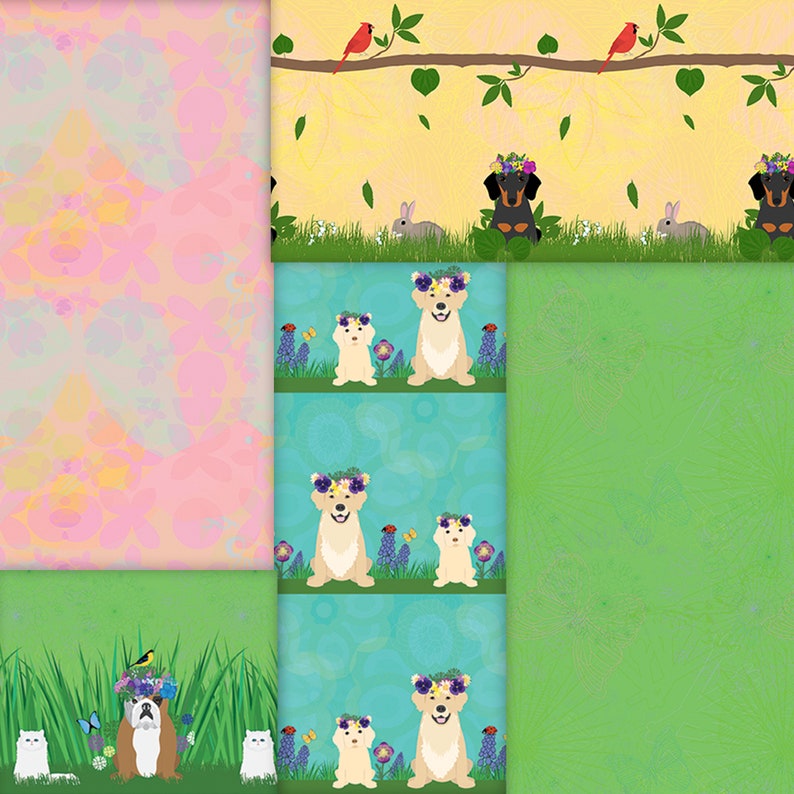 May include: A digital collage featuring a variety of patterns and images. The top row features a yellow background with red birds and green leaves. The middle row features a blue background with a floral pattern and images of dogs wearing flower crowns. The bottom row features a green background with a floral pattern and images of dogs wearing flower crowns.