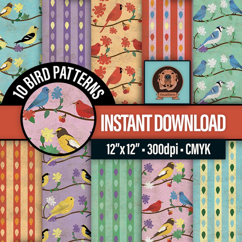 K&ouml;nnte beinhalten: Zehn digitale Papiermuster mit V&ouml;geln und Blumen im Vintage-Stil. Die Muster sind 30,48 cm x 30,48 cm gro&szlig; und haben eine Aufl&ouml;sung von 300 dpi.