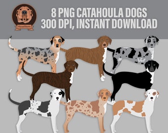 Catahoula Leopard Dogs Clip Art - Standing Louisiana Dog Breed Png Graphics in Multiple Colors, Merle Brindle Black Patchwork Tri-Color