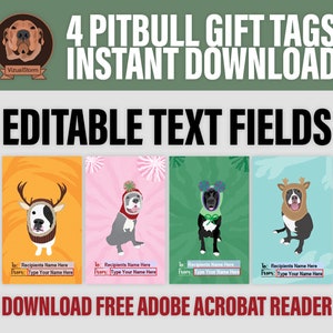 Printable and Editable Christmas Pitbull Gift Tags Personalized To and From Text, Hand Drawn Dogs Wearing Knit Holiday Hats and Snoods image 3