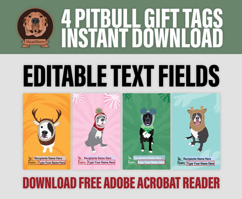 Printable and Editable Christmas Pitbull Gift Tags Personalized To and From Text, Hand Drawn Dogs Wearing Knit Holiday Hats and Snoods image 3