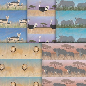 African Safari Digital Craft Paper Pack Serengeti Wildlife Bundle, Africa Animal Patterns, Lion, Rhinoceros, Ostrich, Jackal and Elephant image 2